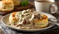 Serving a Plate of Southern Sausage Gravy on Biscuits Royalty Free Stock Photo