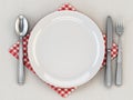 Serving plate, spoon, fork, knife and napkin standing on tablecloth. 3D illustration Royalty Free Stock Photo