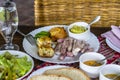 A serving plate of vegetarian food for lunch in an African restaurant, Tanzania, Africa, close up