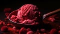 Serving scoop of gourmet ice cream with raspberry and chocolate generated by AI