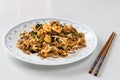 Serving of simple penang char kuey teow is popular fried noodle with coceral, shrimp and eggs in black sauce in Malaysia Royalty Free Stock Photo