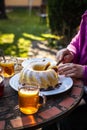 Serving slice of bundt cake outdoors Royalty Free Stock Photo