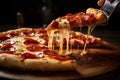 Serving a slice of delicious pepperoni pizza with stretchy cheese using pizza serving spoon. Generative AI