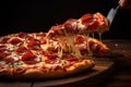 Serving a slice of delicious pepperoni pizza with stretchy cheese using pizza serving spoon. Generative AI