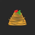 Serving spaghetti dish with cherry tomato and green basil leaves on black background, pasta twisted pyramid vector food