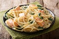 Serving of spaghetti with salmon, cream cheese and spinach close Royalty Free Stock Photo