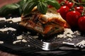 Serving of spicy traditional Italian beef lasagne in a restaurant Royalty Free Stock Photo