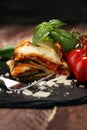 Serving of spicy traditional Italian beef lasagne in a restaurant Royalty Free Stock Photo