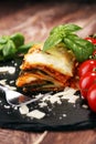 Serving of spicy traditional Italian beef lasagne in a restaurant Royalty Free Stock Photo