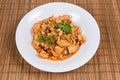 Serving of stew beans with mushrooms, chicken in tomato sauce Royalty Free Stock Photo