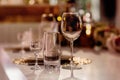 Serving on the table. Crystal glasses. Wedding. Banquet Royalty Free Stock Photo