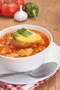 Serving of tasty vegetable and bread soup Royalty Free Stock Photo