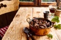 Serving of tasty venison deer goulash in a pot Royalty Free Stock Photo