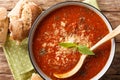 Serving of tomato-basil cream soup with cheese closeup in a bowl and bread.  Horizontal top view Royalty Free Stock Photo