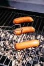 Serving tongs adjusting sausages grilled for outdoors barbecue