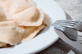 Serving of traditional Polish pierogy dish on a white plate. Dumplings filled with meat, cheese and mushrooms. Popular Eastern