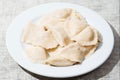 Serving of traditional Polish pierogy dish on a white plate. Dumplings filled with meat, cheese and mushrooms. Popular Eastern