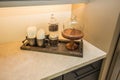 Serving Tray With Coffee Beans & Mugs In Pantry Corner Royalty Free Stock Photo