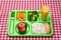 Serving tray with healthy food on background. School lunch Royalty Free Stock Photo