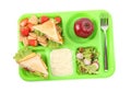 Serving tray of healthy food isolated on white, top view. School lunch Royalty Free Stock Photo