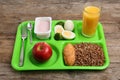 Serving tray with healthy food on background. School lunch Royalty Free Stock Photo