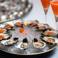 Serving tray with oysters on crushed ice staffed with red and black caviar and 2 glasses of red caviar. Luxury seafood and caviar