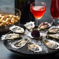 Serving tray with oysters lying on crushed ice with black caviar and a glass of rose champagne on a table, close up. Luxury