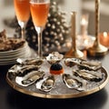 Serving tray with oysters lying on crushed ice with black caviar and a 2 glasses of rose champagne on a table, close up. Luxury