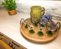 Serving Tray With Six Colored Glasses & Pitcher