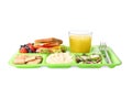 Serving tray with tasty healthy food and juice isolated on white. School dinner Royalty Free Stock Photo