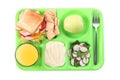 Serving tray with tasty healthy food and juice isolated on white, top view. School dinner Royalty Free Stock Photo