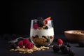 Serving of yogurt with fresh berries and granola AI generated