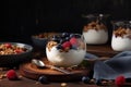 Serving of yogurt with fresh berries and granola AI generated