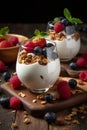 Serving of yogurt with fresh berries and granola AI generated