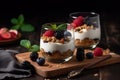 Serving of yogurt with fresh berries and granola AI generated