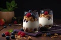 Serving of yogurt with fresh berries and granola AI generated