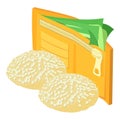 Sesame cookie icon isometric vector. Homemade sesame cookie and opened wallet