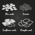 Sesame, pumpkin, sunflower, flax seeds on chalkboard Royalty Free Stock Photo