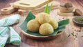 Sesame seed balls or onde onde is a traditional food from Indonesia made of glutinous rice flour green beans sesame seeds brown Royalty Free Stock Photo