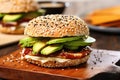 sesame seed bun sandwich with avocado and roast beef Royalty Free Stock Photo