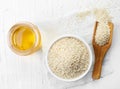 Sesame seed oil and sesame seeds Royalty Free Stock Photo