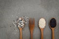 Sesame seed in wooden spoon. Black and white sesame set up on wo