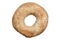 Sesame seeded bagel on a white background