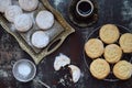 Sesame shortbread with date stuffing. Middle Eastern cookies. Eid and Ramadan Dates Sweets. Kahk. Arabian cuisine. Copy Space Royalty Free Stock Photo