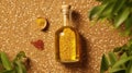 Sesame vegetable oil with grains and fields background, vegetarian dressing for salads and cooking.