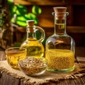 Sesame vegetable oil with grains and fields background, vegetarian dressing for salads and cooking.