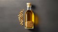 Sesame vegetable oil with grains and fields background, vegetarian dressing for salads and cooking.