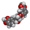 Sesamin molecule. Lignan present in sesame oil. 3D rendering. Atoms are represented as spheres with conventional color coding: