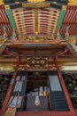 Seson-in Shakado Temple. Colorful front entrance and Sugaruhafu bargeboard detail. Located in Nagano City, Japan