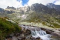 Sesterske Pleso (sister pond) waterfall with high rocks in the background, High Tatras, Slovakia Royalty Free Stock Photo